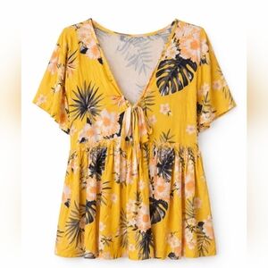 NWT ArtJuly Yellow Tropical Tie Front Peplum Top 2XL